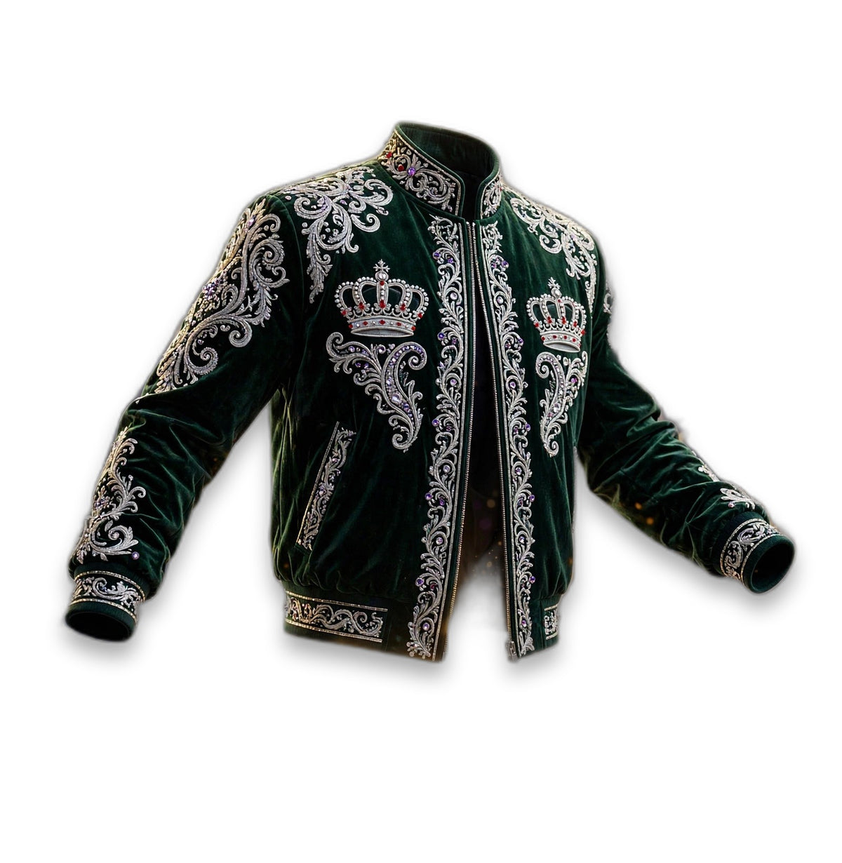 AKACHI Silver Baroque Crown Jacket – Forest Emerald