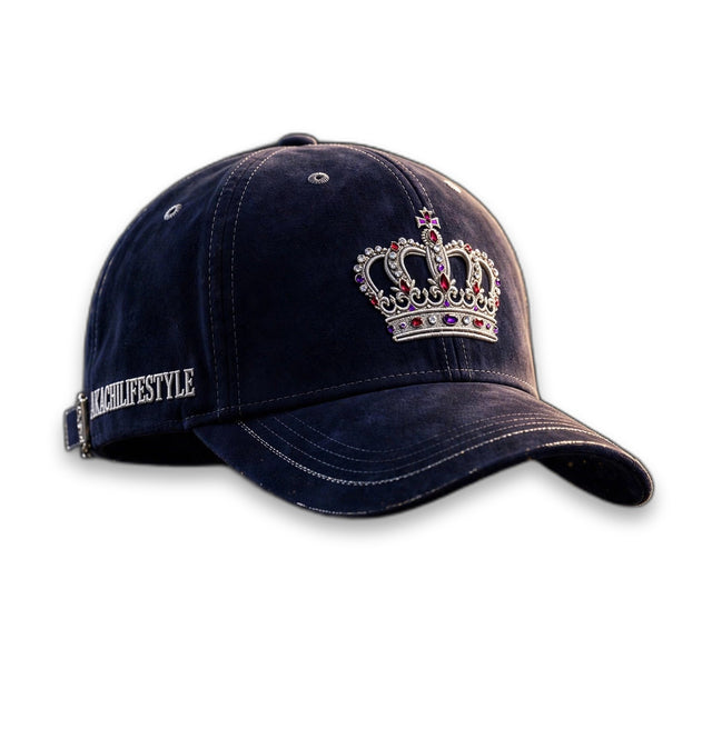 AKACHI Midnight Navy Silver Crown Cap — front view, luxury streetwear by AKACHILIFESTYLE