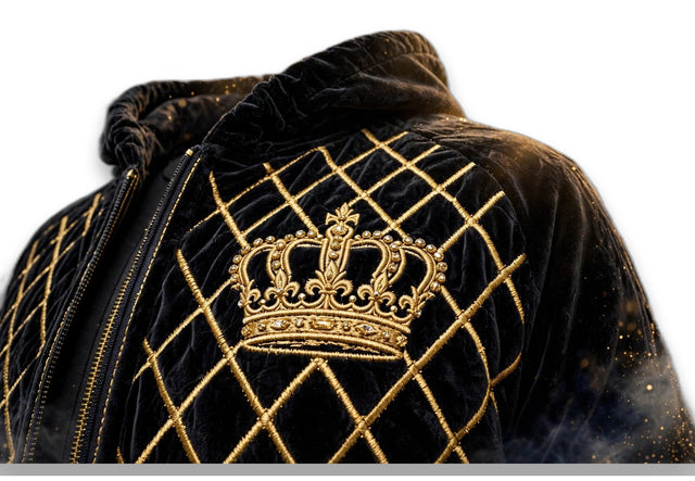 LEGACY 100 - Black Velvet Gold Crown Hoodie — front view, luxury streetwear by AKACHILIFESTYLE