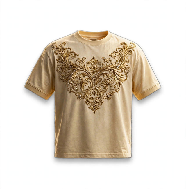 AKACHI Champagne Baroque Tee — front view, luxury streetwear by AKACHILIFESTYLE