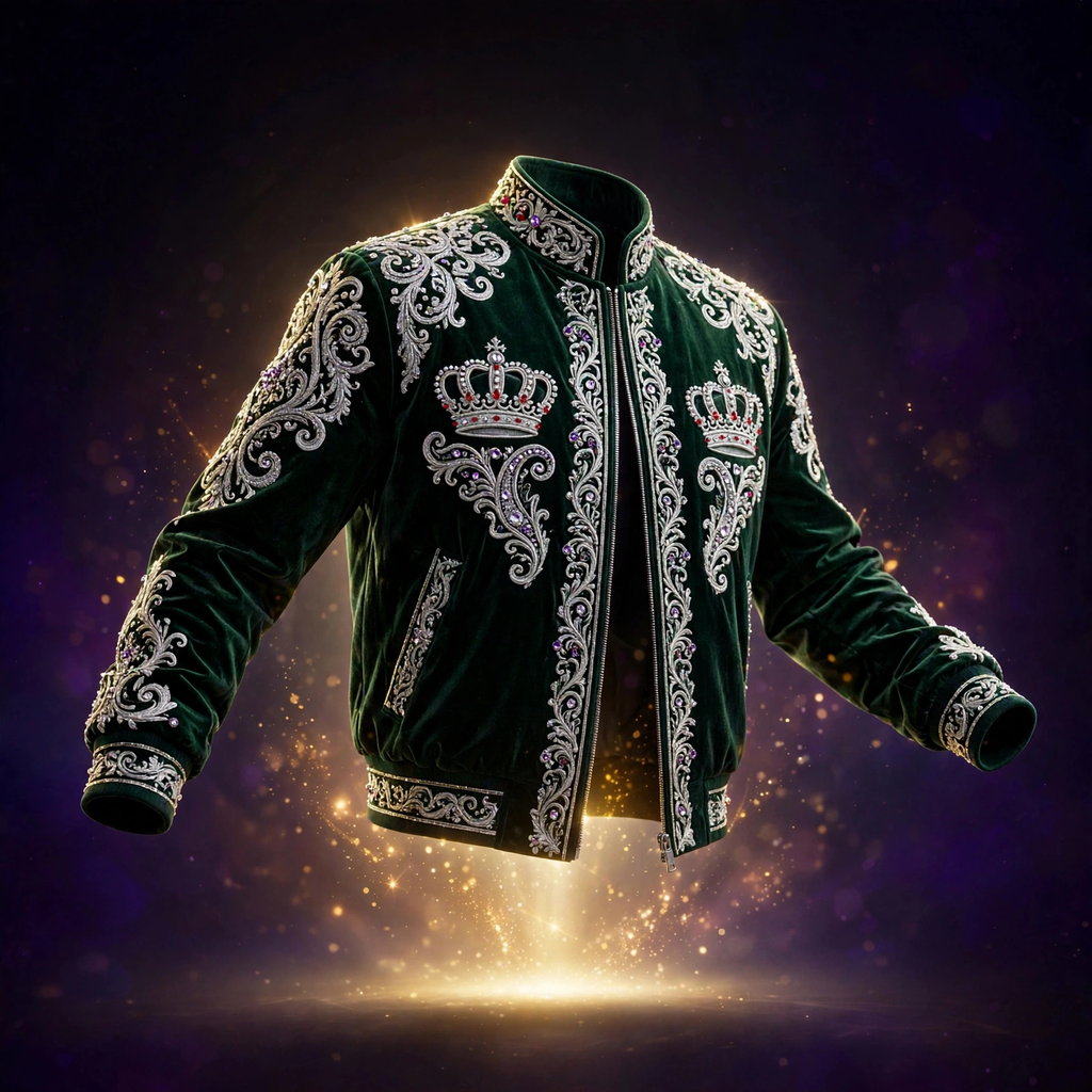 AKACHI Silver Baroque Crown Jacket – Forest Emerald – front