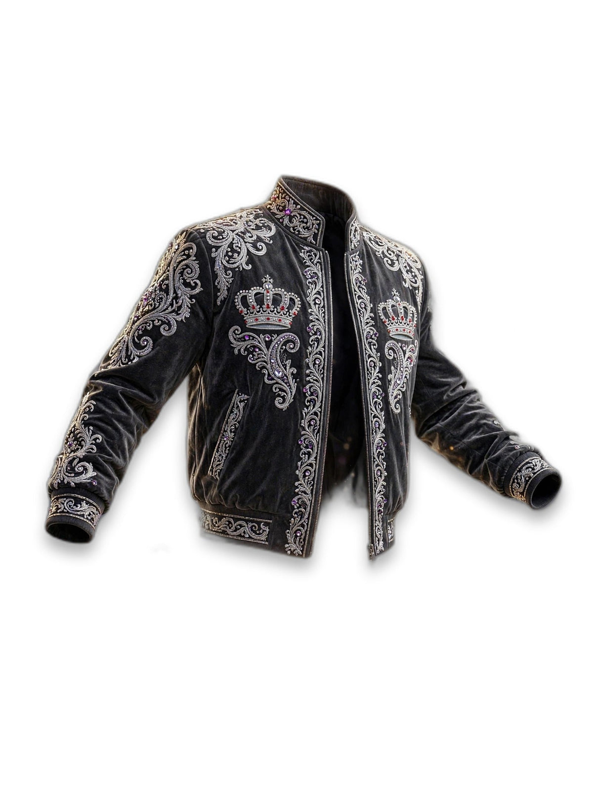 AKACHI Silver Baroque Crown Jacket – Charcoal - padded product shot