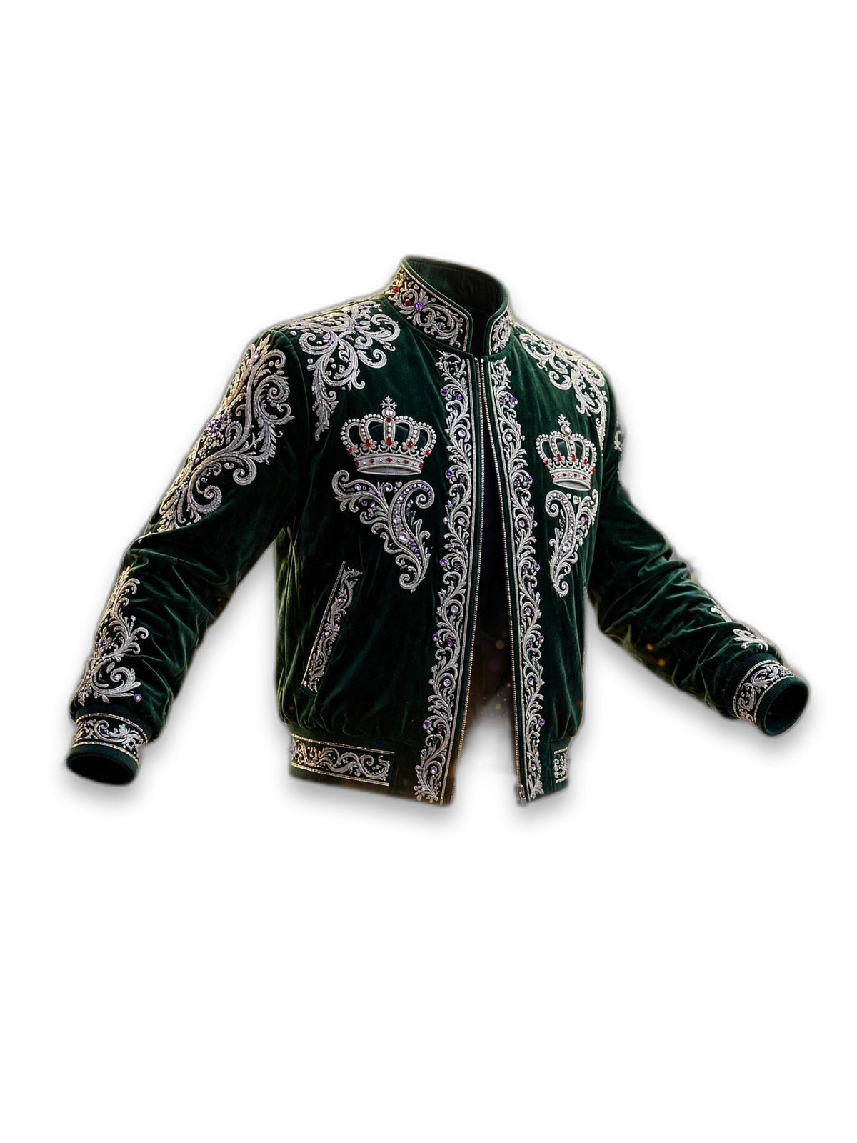 AKACHI Silver Baroque Crown Jacket – Forest Emerald - padded product shot