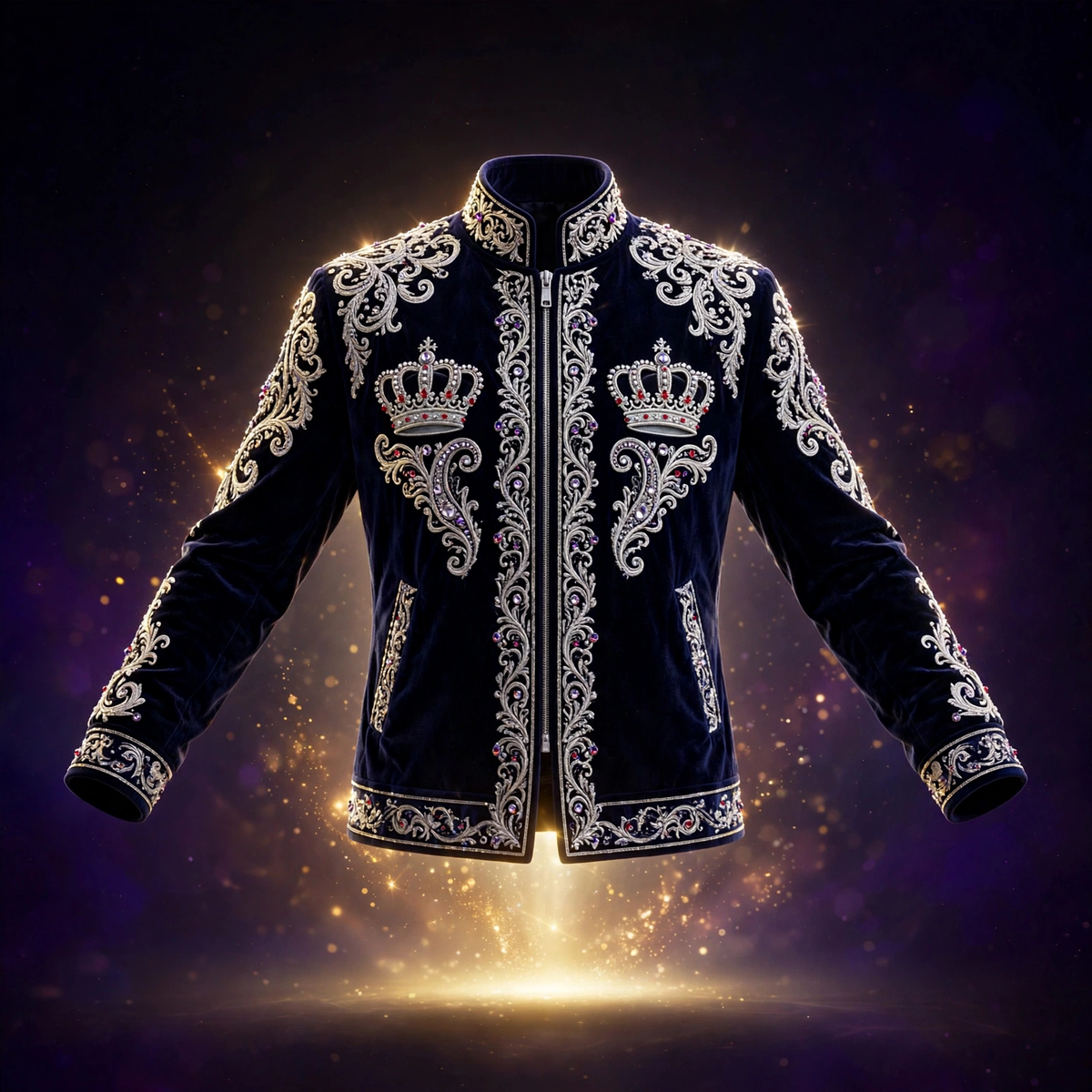AKACHI Silver Baroque Crown Jacket – Midnight Navy – front