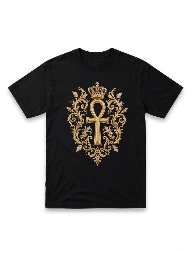 AKACHI Onyx Crowned Ankh Tee — front view, luxury streetwear by AKACHILIFESTYLE