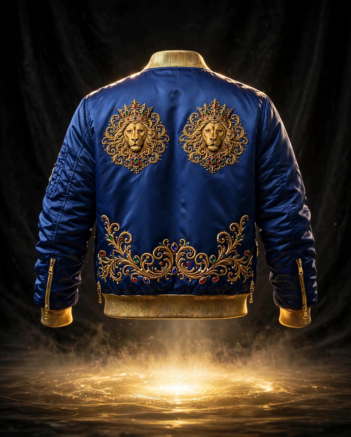 AKACHI Royal Blue Baroque Crown Bomber – back