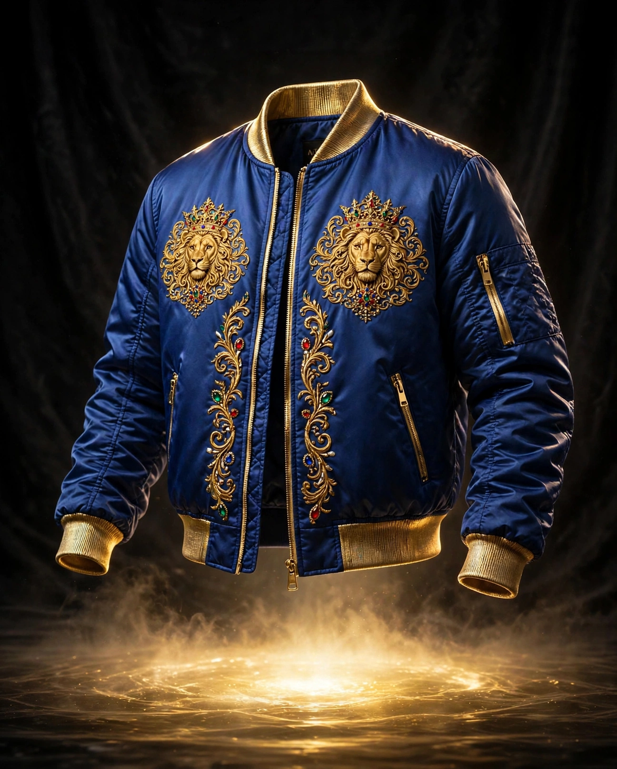 AKACHI Royal Blue Baroque Crown Bomber – front