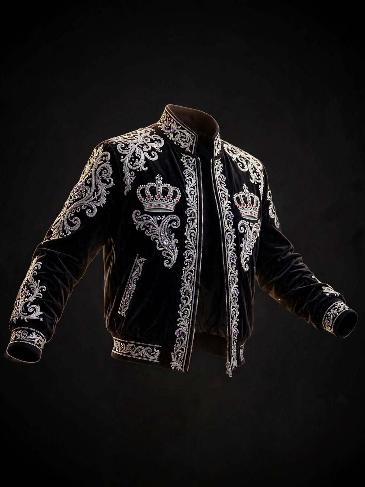 AKACHI Silver Baroque Crown Jacket - luxury studio shot